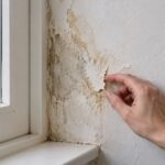 Een hand inspecteert vochtschade naast een raam