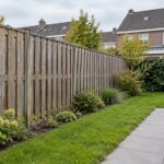 Houten schutting langs een tuin bij Nederlandse rijwoningen